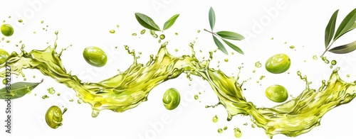 A symphony of olive oil droplets, captured in their airborne journey, creates a mesmerizing composition against a clean white background