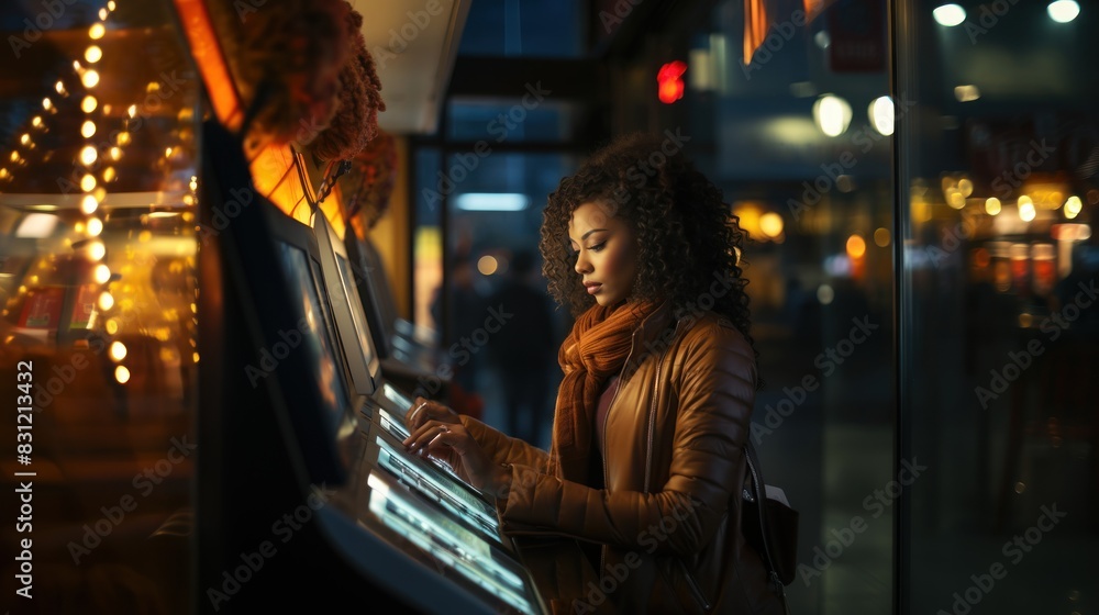 A young woman plays a public piano on a city street decorated with lights at night