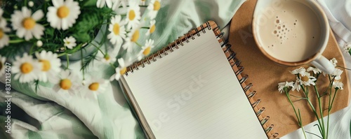 Minimal open planner with a potted chamomile plant nearby