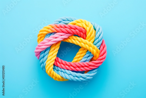 Top view of colorful ropes tied together on light blue background, space for text, unity concept
