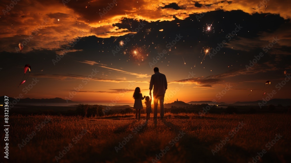 Fototapeta premium A heartwarming landscape showing a family watching fireworks at sunset with kites in the sky