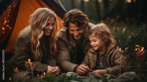 Parents with their child making memories together on a camping trip at dusk