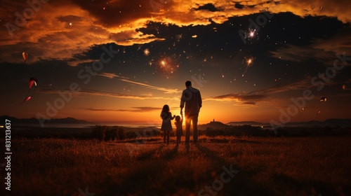 A heartwarming landscape showing a family watching fireworks at sunset with kites in the sky