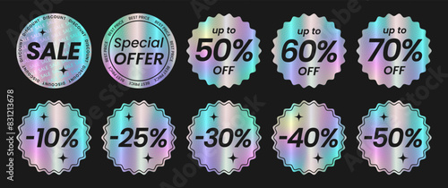 Set of neon holographic round sticker templates, label with holographic effect. Shiny rainbow emblems Sale, up to 50% off, 40%, 60%, 70%, Discount, best price, special offer. Isolated Vector EPS10