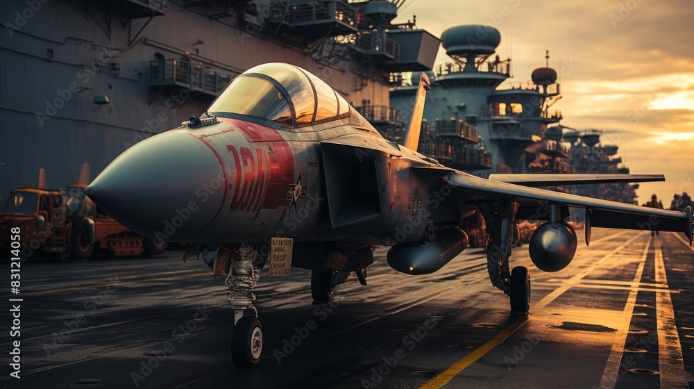 Obraz premium A powerful fighter jet sits on an aircraft carrier deck during a dramatic sunset, implying military might