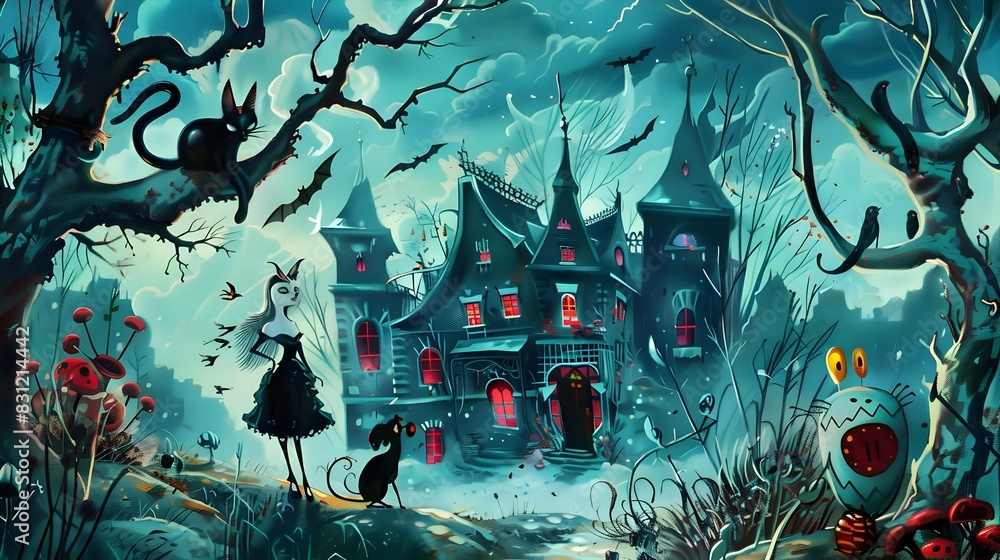 Naklejka premium Enchanted Haunted Castle in the Spooky Autumnal Forest at Nightfall