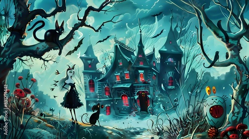 Enchanted Haunted Castle in the Spooky Autumnal Forest at Nightfall