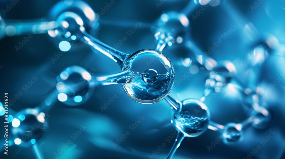 Abstract blue molecule model with round atoms connected by lines, close-up macro image of a futuristic technological concept, scientific illustration of a chemical structure. Abstract blue molecule model with round atoms connected by lines, close-up macro image of a futuristic technological concept, scientific illustration of a chemical structure.