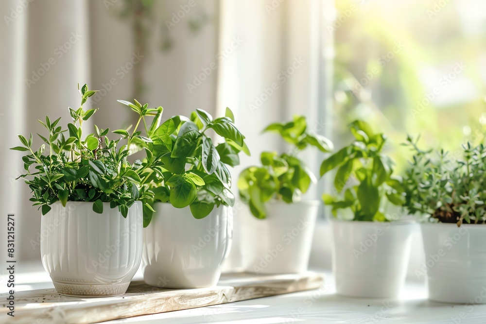 Minimal open planner with a cluster of potted herbs on a white table Minimal open planner with a cluster of potted herbs on a white table