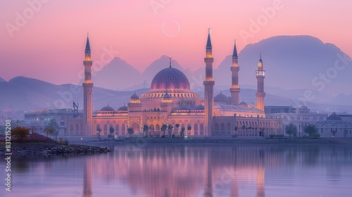 Crescent Moon With Beautiful Mosque On Evening Background.   photo