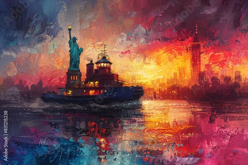whimsical effect of a tug boat in the river, sailing in front of the statue of liberty it is dawn the river is calm Textured painterly fantasy artistic Oil paint splashes intuitive photo