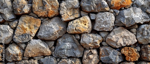 The stones were stacked together to form a stone wall. photo