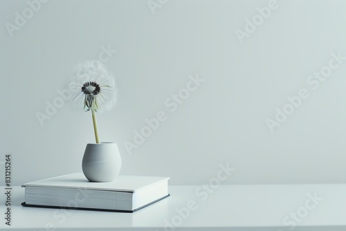 Minimal open planner with a potted dandelion plant on a clean surface