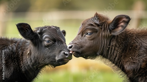 baby buffalo licking another buffalo 