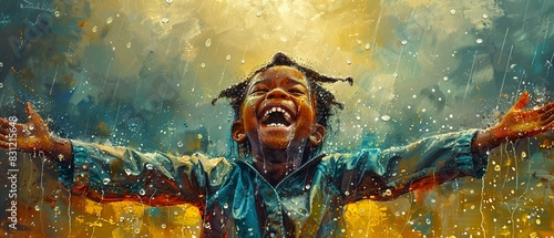 A happy image of a little african american girl laughing while it s raining and playing in the puddles in the parkt she is wearing a raincoat and boots  photo