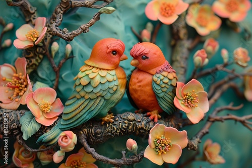 PlayDoh sculpture, two lovebirds in a flowering tree photo