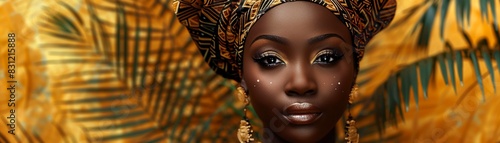 Poster art portrait of a very pretty and regal woman, inspired by African art She has a richly detailed traditional African head wrap and jewelry photo