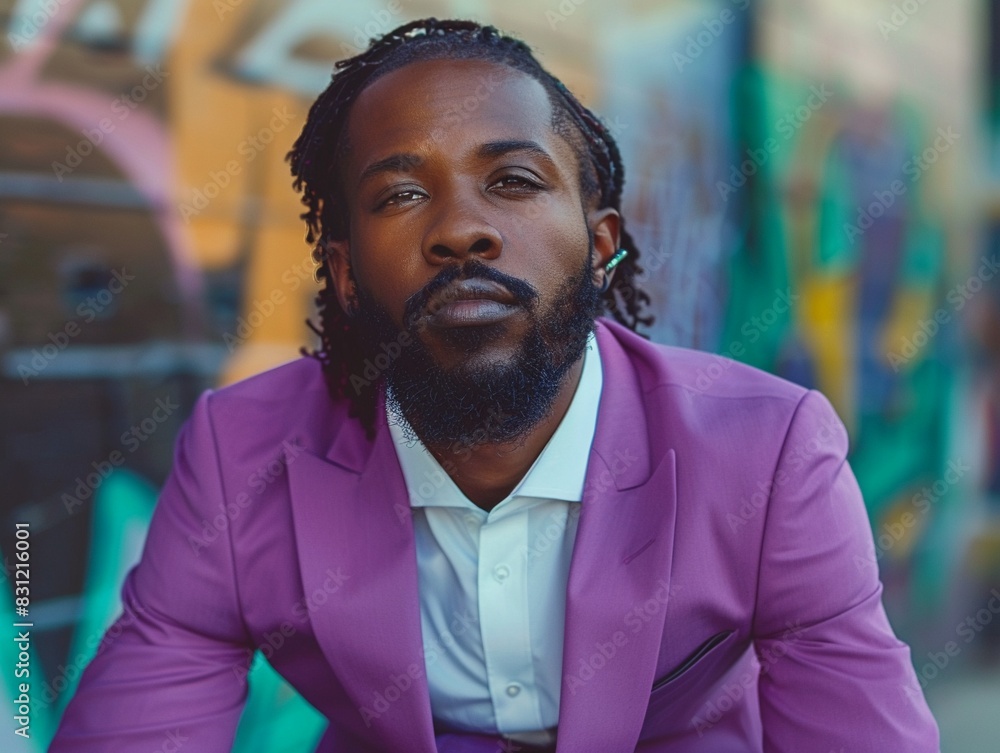 Fototapeta premium Successful African American man with a beard, and striking long braided hairstyle, is a businessperson in purple formal suit, in hip hop culture environment