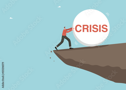 Financial difficulties, decrease in value of business or company shares, stock market crash, economic crisis, business failure, loss of cash, lose investments, a man stops a crisis ball on a cliff.