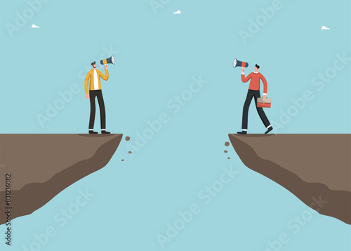 Opposite business vision, team players disagreement or team conflict, alternative choice, market competition, different business development strategies, men argue on opposite sides of a cliff.