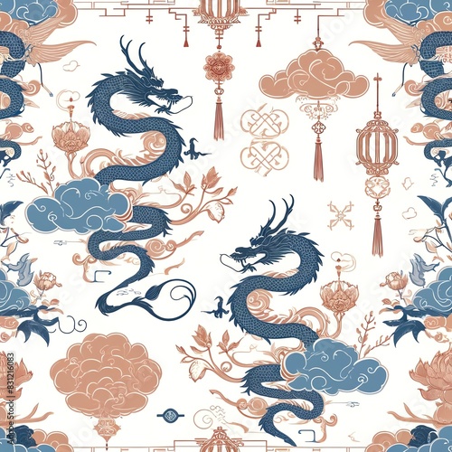 A seamless pattern with a traditional Chinese dragon