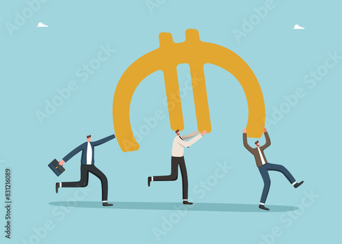 Teamwork for income and salary growth, cooperation for financial and economic stability, increasing investments or savings, increasing currency value, men carry a large euro sign.