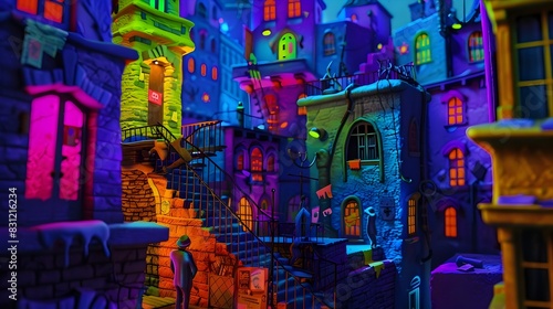 Enchanting Surreal Cityscape with Vibrant Neon Lights and Whimsical Architecture