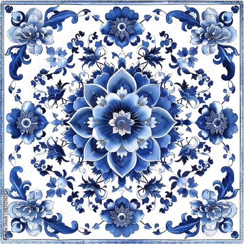 A blue and white ceramic tile with a floral pattern. photo