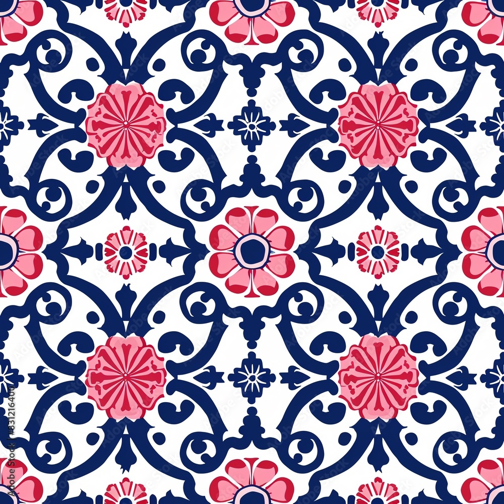 A seamless pattern with a repeating motif of stylized flowers and leaves in shades of blue and pink. A seamless pattern with a repeating motif of stylized flowers and leaves in shades of blue and pink.