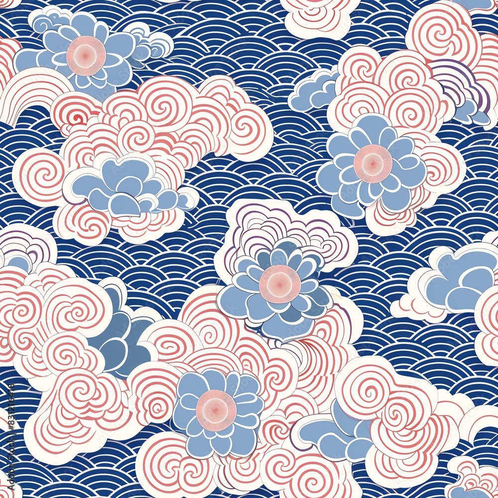 Fototapeta premium The image is a beautiful floral pattern with pink and blue flowers on a blue background