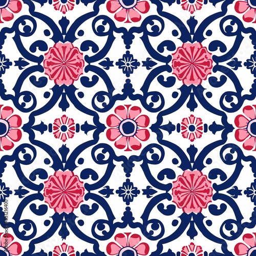 A seamless pattern with a repeating motif of stylized flowers and leaves in shades of blue and pink.