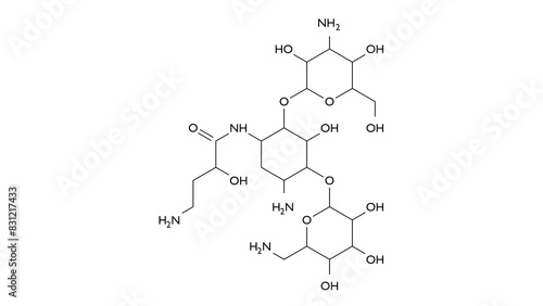 amikacin molecule, structural chemical formula, ball-and-stick model, isolated image antibiotic photo