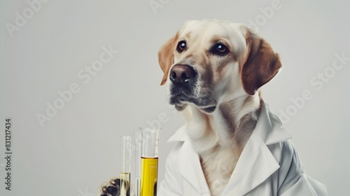Dog Scientist Wearing Lab Coat and Carrying Test Tubes on Plain White Background in Ultra HD