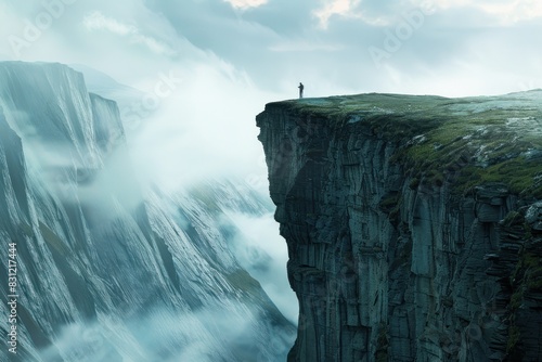 A person stands on a cliff overlooking a mountain range photo