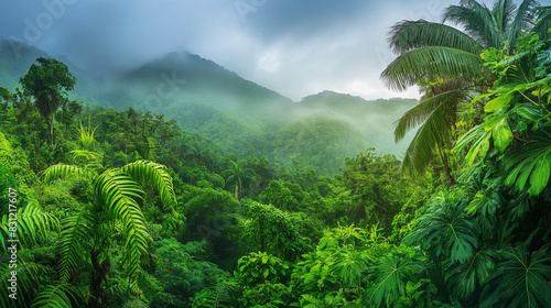Beautiful natural panoramic tropical forest after rain