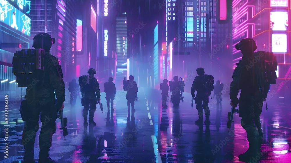 Futuristic City Street at Night with Glowing Neon Lights and Silhouetted Pedestrians