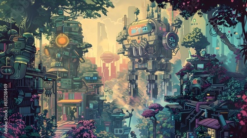 Futuristic City with Mechanical Structures Surrounded by Lush Jungle Landscape photo