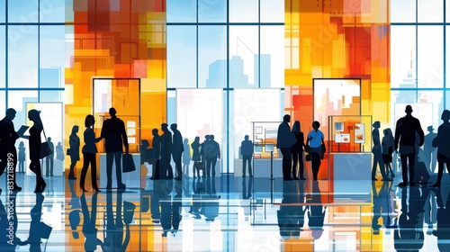 A silhouette set of business professionals at an industry trade show or expo. Figures are shown visiting booths, one person is handing out brochures, another is discussing products with an exhibitor,