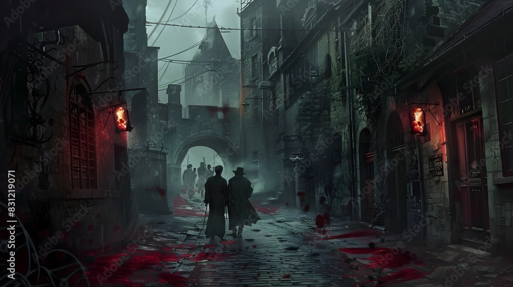 Gloomy Nighttime Alleyway in Foggy Urban Cityscape with Ominous Atmosphere Gloomy Nighttime Alleyway in Foggy Urban Cityscape with Ominous Atmosphere