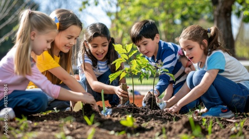 Group of school children planting trees in a park, learning about environmental stewardship and the importance of trees in mitigating climate change