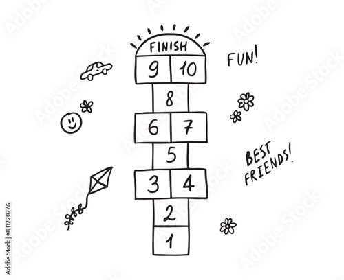 Hopscotch kid activity doodle outline game icon. Hopscotch with black numbers. Outdoor summer game. Hand drawn vector isolated game.