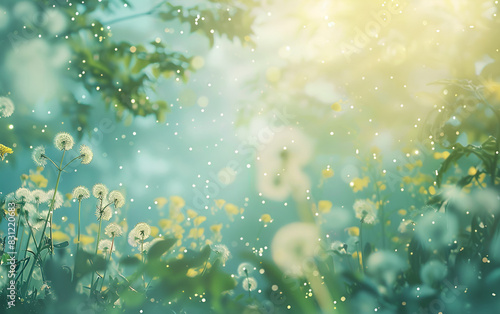 Dandelion seeds in water droplets on serene blue background with soft focus Symbolic imagery of bea photo