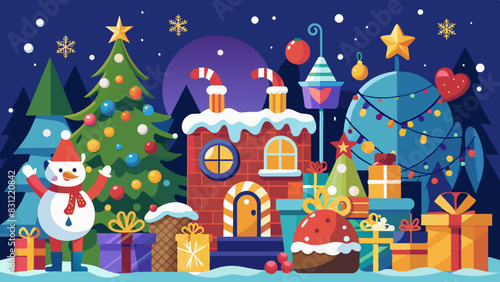 Concepto de navidad, casa de chocolate, árbol de navidad