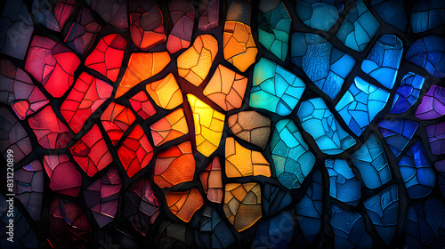 An abstract background that mimics the appearance of stained glass. Use bold, segmented colors separated by dark lines, creating a mosaic effect that catches the light and glows with vibrant hues. photo