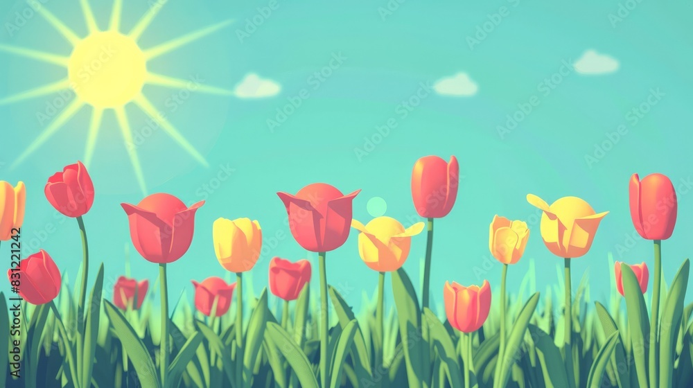 Graphic of tulips under a bright sun flat design side view spring beauty theme animation Triadic Color Scheme Graphic of tulips under a bright sun flat design side view spring beauty theme animation Triadic Color Scheme