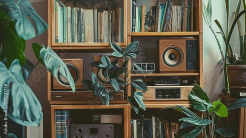 High-fidelity bookshelf speakers on a wooden shelf, surrounded by books and plants, blending high-quality sound with elegant home decor
