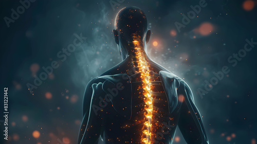 Spinal health visualization. Man experiencing back pain with glowing depiction of spine, emphasizing complex structure and vulnerability of spinal region to injuries and strain.