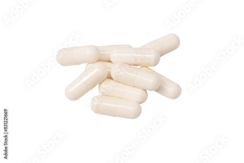 White pill capsule isolated on a white background.