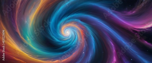Vibrant abstract cosmic swirl in a blend of bright colors, depicting a dynamic and mesmerizing visual of a galaxy-like formation.