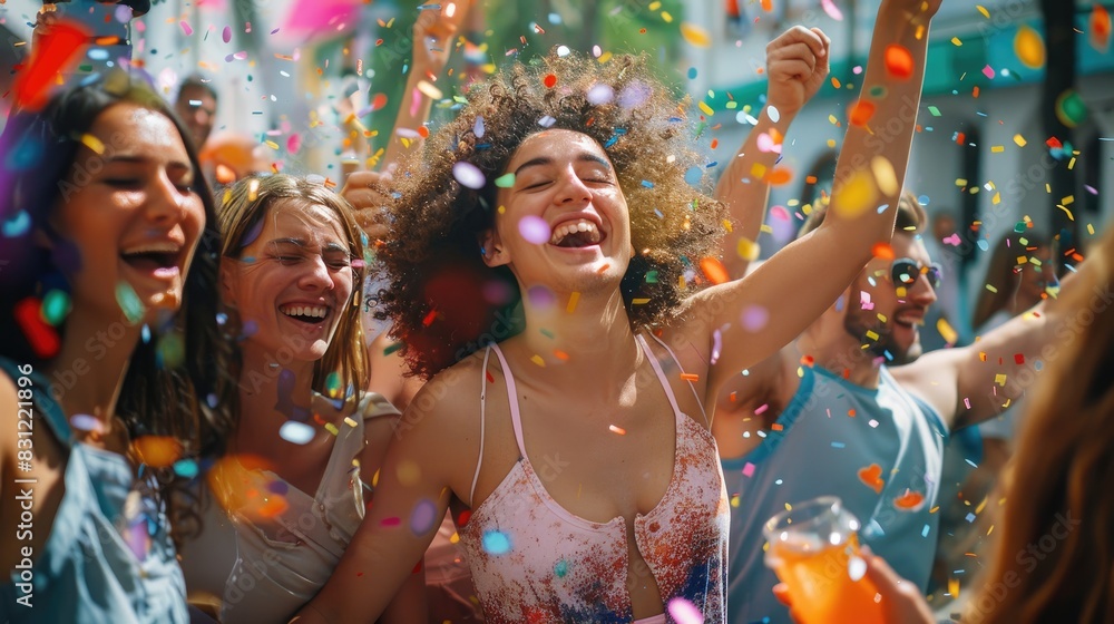 Obraz premium Group of women jubilantly celebrating with confetti